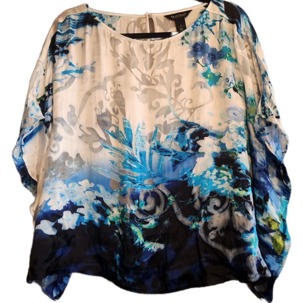 White House Black Market Blue Floral Silk Blend Burnout Poncho Blouse Small‎